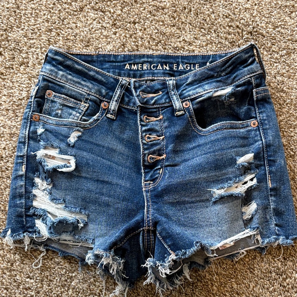 American Eagle Outfitters Dark Blue Distressed Jean Shorts